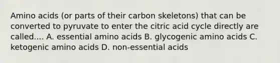 Amino acids (or parts of their carbon skeletons) that can be converted to pyruvate to enter the citric acid cycle directly are called.... A. essential amino acids B. glycogenic amino acids C. ketogenic amino acids D. non-essential acids