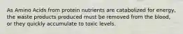 As Amino Acids from protein nutrients are catabolized for energy, the waste products produced must be removed from the blood, or they quickly accumulate to toxic levels.