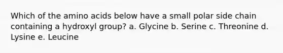 Which of the amino acids below have a small polar side chain containing a hydroxyl group? a. Glycine b. Serine c. Threonine d. Lysine e. Leucine