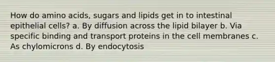 How do amino acids, sugars and lipids get in to intestinal epithelial cells? a. By diffusion across the lipid bilayer b. Via specific binding and transport proteins in the cell membranes c. As chylomicrons d. By endocytosis