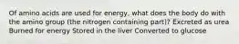 Of amino acids are used for energy, what does the body do with the amino group (the nitrogen containing part)? Excreted as urea Burned for energy Stored in the liver Converted to glucose