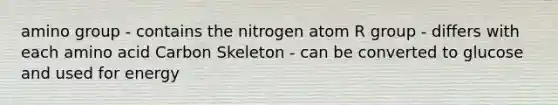 amino group - contains the nitrogen atom R group - differs with each amino acid Carbon Skeleton - can be converted to glucose and used for energy