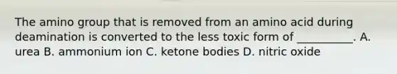 The amino group that is removed from an amino acid during deamination is converted to the less toxic form of __________. A. urea B. ammonium ion C. <a href='https://www.questionai.com/knowledge/kR9thwvAYz-ketone-bodies' class='anchor-knowledge'>ketone bodies</a> D. nitric oxide