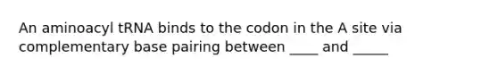 An aminoacyl tRNA binds to the codon in the A site via complementary base pairing between ____ and _____