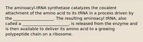 The aminoacyl-tRNA synthetase catalyzes the covalent attachment of the amino acid to its tRNA in a process driven by the ____________________. The resulting aminoacyl tRNA, also called a _______________________, is released from the enzyme and is then available to deliver its amino acid to a growing polypeptide chain on a ribosome.