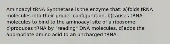 Aminoacyl-tRNA Synthetase is the enzyme that: a)folds tRNA molecules into their proper configuration. b)causes tRNA molecules to bind to the aminoacyl site of a ribosome. c)produces tRNA by "reading" DNA molecules. d)adds the appropriate amino acid to an uncharged tRNA.