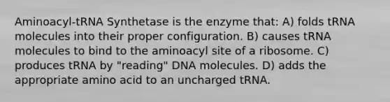 Aminoacyl-tRNA Synthetase is the enzyme that: A) folds tRNA molecules into their proper configuration. B) causes tRNA molecules to bind to the aminoacyl site of a ribosome. C) produces tRNA by "reading" DNA molecules. D) adds the appropriate amino acid to an uncharged tRNA.