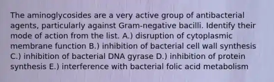 The aminoglycosides are a very active group of antibacterial agents, particularly against Gram-negative bacilli. Identify their mode of action from the list. A.) disruption of cytoplasmic membrane function B.) inhibition of bacterial cell wall synthesis C.) inhibition of bacterial DNA gyrase D.) inhibition of protein synthesis E.) interference with bacterial folic acid metabolism