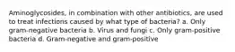 Aminoglycosides, in combination with other antibiotics, are used to treat infections caused by what type of bacteria? a. Only gram-negative bacteria b. Virus and fungi c. Only gram-positive bacteria d. Gram-negative and gram-positive