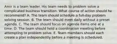 Amir is a team leader. His team needs to problem solve a complicated business transition. What course of action should he recommend? A. The team should schedule a full-day problem solving session. B. The team should meet daily without a preset agenda. C. The team should focus on agenda items one at a time. D. The team should hold a coordination meeting before attempting to problem solve. E. Team members should each create a plan independently before a meeting is scheduled.