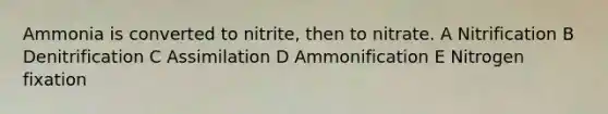 Ammonia is converted to nitrite, then to nitrate. A Nitrification B Denitrification C Assimilation D Ammonification E Nitrogen fixation