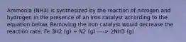 Ammonia (NH3) is synthesized by the reaction of nitrogen and hydrogen in the presence of an iron catalyst according to the equation below. Removing the iron catalyst would decrease the reaction rate. Fe 3H2 (g) + N2 (g) ----> 2NH3 (g)