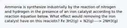 Ammonia is synthesize industrially by the reaction of nitrogen and hydrogen in the presence of an iron catalyst according to the reaction equation below. What effect would removing the iron catalyst have on this reaciotn? Fe 3H2(g) + N2(g)----> 2NH3(g)