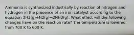 Ammonia is synthesized industrially by reaction of nitrogen and hydrogen in the presence of an iron catalyst according to the equation 3H2(g)+N2(g)→2NH3(g). What effect will the following changes have on the reaction rate? The temperature is lowered from 700 K to 600 K.