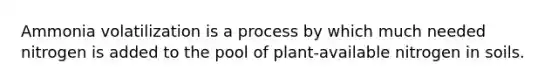 Ammonia volatilization is a process by which much needed nitrogen is added to the pool of plant-available nitrogen in soils.