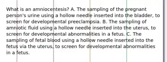 What is an amniocentesis? A. The sampling of the pregnant person's urine using a hollow needle inserted into the bladder, to screen for developmental preeclampsia. B. The sampling of amniotic fluid using a hollow needle inserted into the uterus, to screen for developmental abnormalities in a fetus. C. The sampling of fetal blood using a hollow needle inserted into the fetus via the uterus, to screen for developmental abnormalities in a fetus.