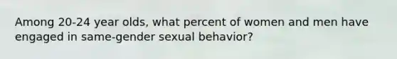 Among 20-24 year olds, what percent of women and men have engaged in same-gender sexual behavior?