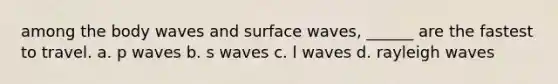 among the body waves and surface waves, ______ are the fastest to travel. a. p waves b. s waves c. l waves d. rayleigh waves