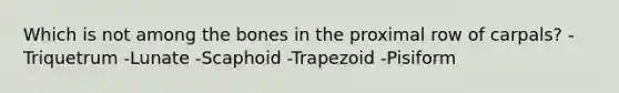 Which is not among the bones in the proximal row of carpals? -Triquetrum -Lunate -Scaphoid -Trapezoid -Pisiform