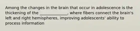 Among the changes in the brain that occur in adolescence is the thickening of the ______________, where fibers connect the brain's left and right hemispheres, improving adolescents' ability to process information