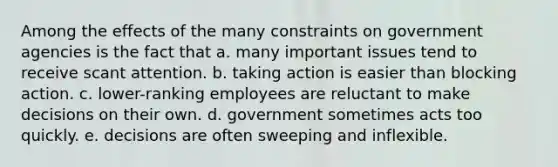 Among the effects of the many constraints on government agencies is the fact that a. many important issues tend to receive scant attention. b. taking action is easier than blocking action. c. lower-ranking employees are reluctant to make decisions on their own. d. government sometimes acts too quickly. e. decisions are often sweeping and inflexible.