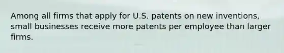 Among all firms that apply for U.S. patents on new inventions, small businesses receive more patents per employee than larger firms.