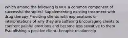 Which among the following is NOT a common component of successful therapies? Supplementing existing treatment with drug therapy Providing clients with explanations or interpretations of why they are suffering Encouraging clients to confront painful emotions and become less sensitive to them Establishing a positive client-therapist relationship