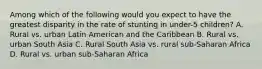 Among which of the following would you expect to have the greatest disparity in the rate of stunting in under-5 children? A. Rural vs. urban Latin American and the Caribbean B. Rural vs. urban South Asia C. Rural South Asia vs. rural sub-Saharan Africa D. Rural vs. urban sub-Saharan Africa