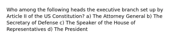 Who among the following heads the executive branch set up by Article II of the US Constitution? a) The Attorney General b) The Secretary of Defense c) The Speaker of the House of Representatives d) The President