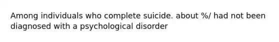 Among individuals who complete suicide. about %/ had not been diagnosed with a psychological disorder