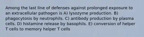 Among the last line of defenses against prolonged exposure to an extracellular pathogen is A) lysozyme production. B) phagocytosis by neutrophils. C) antibody production by plasma cells. D) histamine release by basophils. E) conversion of helper T cells to memory helper T cells