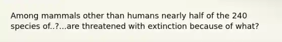 Among mammals other than humans nearly half of the 240 species of..?...are threatened with extinction because of what?