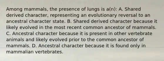 Among mammals, the presence of lungs is a(n): A. Shared derived character, representing an evolutionary reversal to an ancestral character state. B. Shared derived character because it likely evolved in the most recent common ancestor of mammals. C. Ancestral character because it is present in other vertebrate animals and likely evolved prior to the common ancestor of mammals. D. Ancestral character because it is found only in mammalian vertebrates.