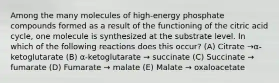 Among the many molecules of high-energy phosphate compounds formed as a result of the functioning of the citric acid cycle, one molecule is synthesized at the substrate level. In which of the following reactions does this occur? (A) Citrate →α-ketoglutarate (B) α-ketoglutarate → succinate (C) Succinate → fumarate (D) Fumarate → malate (E) Malate → oxaloacetate