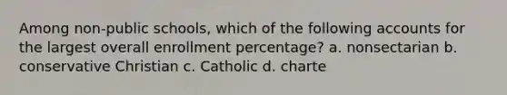 Among non-public schools, which of the following accounts for the largest overall enrollment percentage? a. nonsectarian b. conservative Christian c. Catholic d. charte