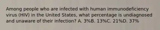 Among people who are infected with human immunodeficiency virus (HIV) in the United States, what percentage is undiagnosed and unaware of their infection? A. 3%B. 13%C. 21%D. 37%