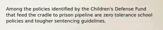 Among the policies identified by the Children's Defense Fund that feed the cradle to prison pipeline are zero tolerance school policies and tougher sentencing guidelines.