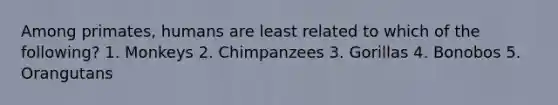 Among primates, humans are least related to which of the following?​ 1. Monkeys ​2. Chimpanzees ​3. Gorillas ​4. Bonobos 5. ​Orangutans