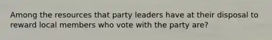 Among the resources that party leaders have at their disposal to reward local members who vote with the party are?