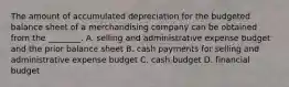 The amount of accumulated depreciation for the budgeted balance sheet of a merchandising company can be obtained from the​ ________. A. selling and administrative expense budget and the prior balance sheet B. cash payments for selling and administrative expense budget C. cash budget D. financial budget