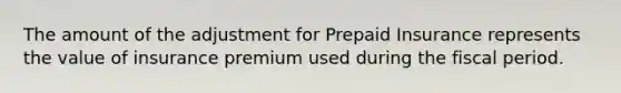 The amount of the adjustment for Prepaid Insurance represents the value of insurance premium used during the fiscal period.