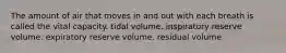 The amount of air that moves in and out with each breath is called the vital capacity. tidal volume. inspiratory reserve volume. expiratory reserve volume. residual volume