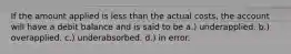 If the amount applied is less than the actual costs, the account will have a debit balance and is said to be a.) underapplied. b.) overapplied. c.) underabsorbed. d.) in error.