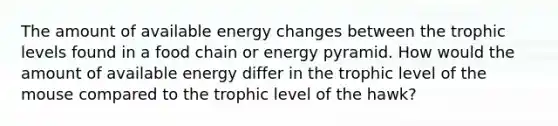 The amount of available energy changes between the trophic levels found in a food chain or energy pyramid. How would the amount of available energy differ in the trophic level of the mouse compared to the trophic level of the hawk?