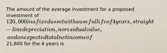 The amount of the average investment for a proposed investment of 120,000 in a fixed asset with a useful life of 4 years, straight-line depreciation, no residual value, and an expected total net income of21,600 for the 4 years is