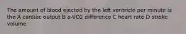 The amount of blood ejected by the left ventricle per minute is the A cardiac output B a-VO2 difference C heart rate D stroke volume