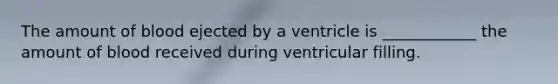 The amount of blood ejected by a ventricle is ____________ the amount of blood received during ventricular filling.