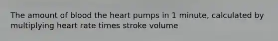 The amount of blood the heart pumps in 1 minute, calculated by multiplying heart rate times stroke volume