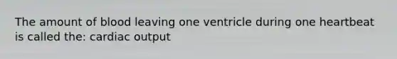 The amount of blood leaving one ventricle during one heartbeat is called the: <a href='https://www.questionai.com/knowledge/kyxUJGvw35-cardiac-output' class='anchor-knowledge'>cardiac output</a>