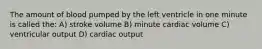 The amount of blood pumped by the left ventricle in one minute is called the: A) stroke volume B) minute cardiac volume C) ventricular output D) cardiac output